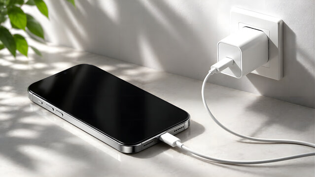 Minimal Black Smartphone Connected to USB Charger with Wall Socket in Modern Home Interior