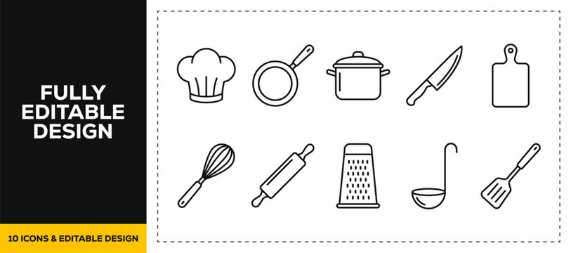 flat vector illustration line art icon bundle set design illustrating essential culinary tools kitchen cooking utensils whisks rolling pins graters and baking equipment app ui