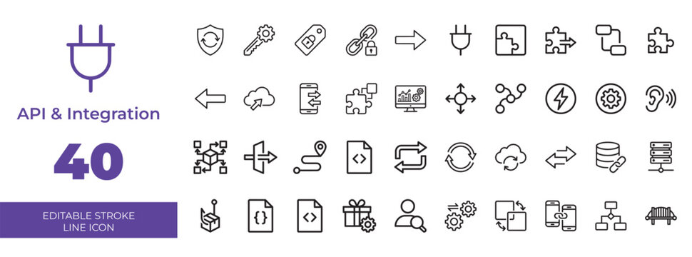 Api and software integration icon set of 40 digital connectivity symbols