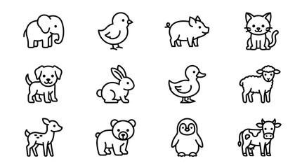 Obraz premium Cute Cartoon Farm and Wild Animals Icon Set - Elephant, Chick, Pig, Cat, Dog, Rabbit, Duck, Sheep