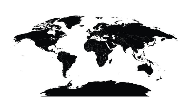 High contrast black and white vector world map illustration featuring detailed country borders, isolated on solid white background, global geography