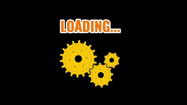 Animated progress loop with rotating yellow cogs and loading text