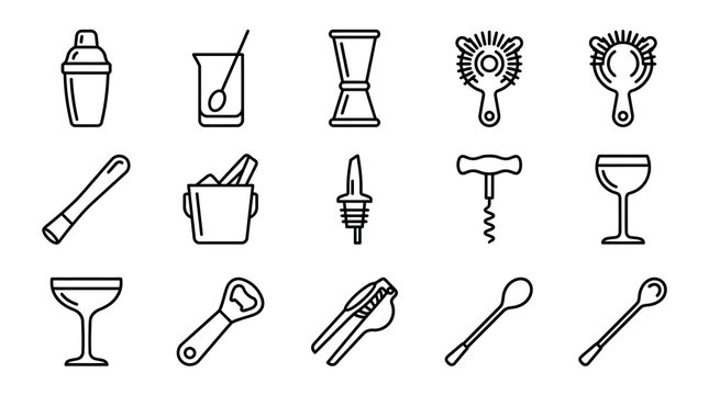 Cocktail Bar Tools Icons Set: Shaker, Jigger, Strainer, Ice Bucket, Corkscrew, Glassware