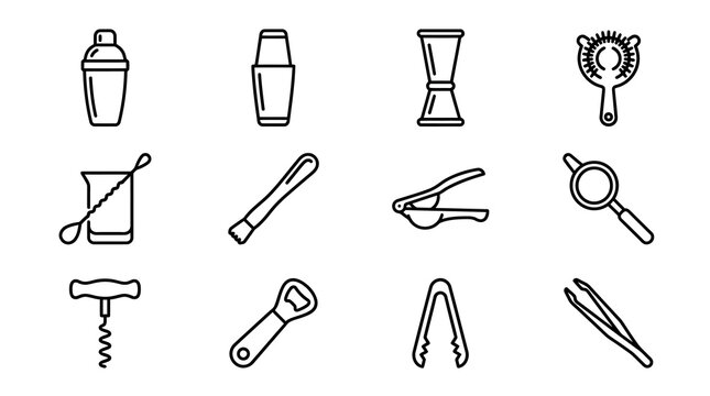 Cocktail Bar Tools Set Icons Outline - Shaker, Jigger, Strainer, Muddler, Opener
