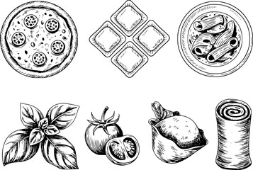 Obraz premium Hand-drawn set of italian food featuring pizza, pasta, ravioli, fresh basil, tomatoes, and mozzarella cheese