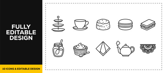 flat vector illustration line art icon bundle set design representing elegant afternoon tea elements tiered dessert stands sweet macarons layered cakes and cafe menus graphic ui © Md