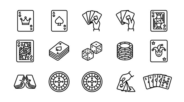 Casino Icons Set: Playing Cards, Dice, Roulette, Chips, Joker - Line Art