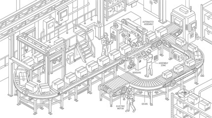 Fototapeta premium Automated Factory Conveyor Belt System Illustration.