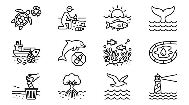 Ocean pollution and conservation icons: turtle, cleaning beach, fish, whale tail, ship, dolphin, coral, oil spill, lighthouse