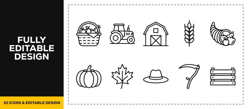 flat vector illustration line art icon bundle set design focusing on autumn season agriculture farming tractors organic pumpkins cornucopia harvest and rural village web app ui