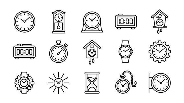 Collection of Diverse Clock Icons: Timekeeping Devices from Vintage to Modern