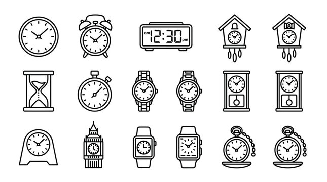 Diverse Collection of Clocks and Timekeeping Devices Icons Set