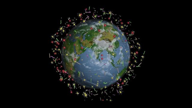 Many microorganisms circling planet Earth. Planetary microbiome. Microbiome of Earth. 3d animation render.