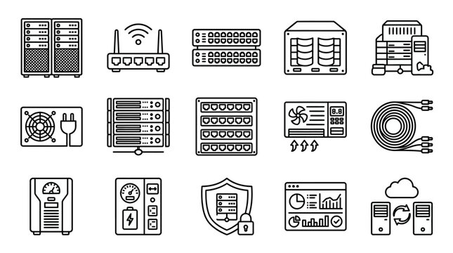 Server Rack, Networking Equipment, Data Center Icons Set - Technology Vector Graphics