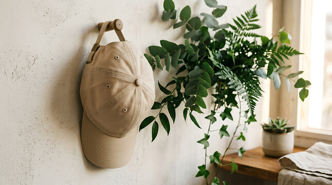 A beige baseball cap hanging on a wall hook in a bright room.