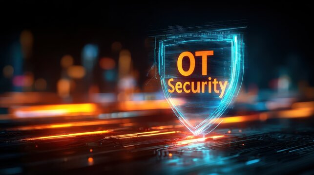 Digital shield icon with OT Security text on a futuristic high-tech circuit board background