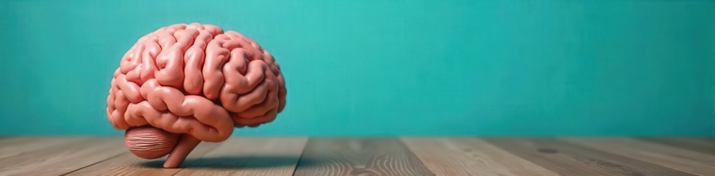 Human brain model on wooden table against turquoise background for neurology and medical research concepts