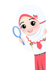 Fototapeta premium A cartoon girl in a hijab looks through a magnifying glass curiously.