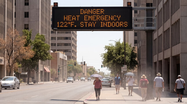 city heat warning sign summer heatwave street public alert showing an electronic message above an empty urban road for emergency advisories climate resilience and public safety campaigns