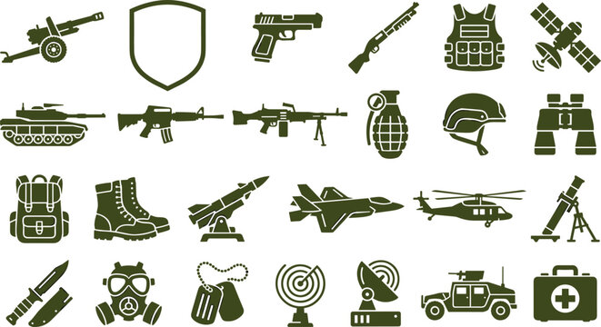 Military and Infantry Combat Weapon Icon Set Featuring Army Vehicles, Defensive Armor, and Tactical Gear Symbols for Strategic Video Game Layouts