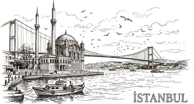 Istanbul city landmark sketch vector illustration featuring ortakoy mosque bosphorus bridge and traditional boat on the water