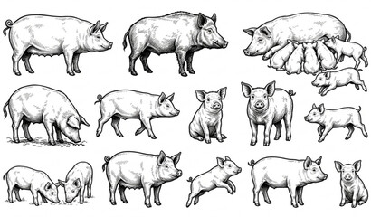Pig and Piglet Hand Drawn Vector Set – Black and White Farm Animal Collection © Tohosina