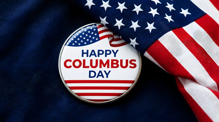 American flag and Columbus Day badge on dark blue fabric holiday