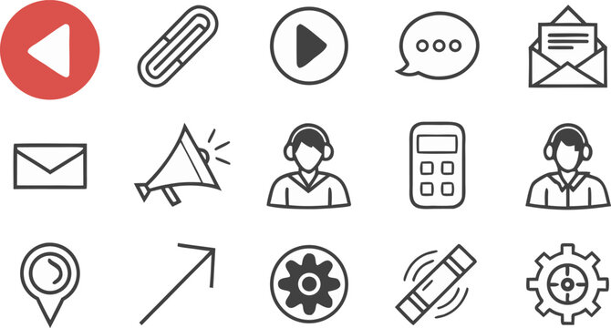 Collection of communication and interface featuring a back button, paperclip, play button, chat bubble, envelope, megaphone, and user profile