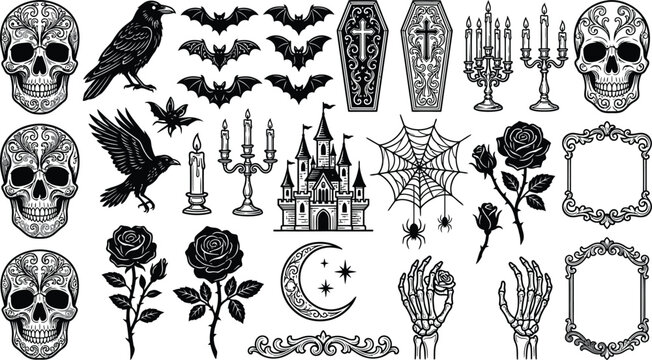 Halloween symbols and icons skulls bats coffins and spooky decorations for a frightful night