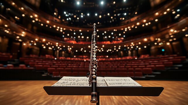 Empty Theater Stage with Sheet Music and Microphone