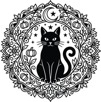 Halloween black cat illustration with pumpkins and moon