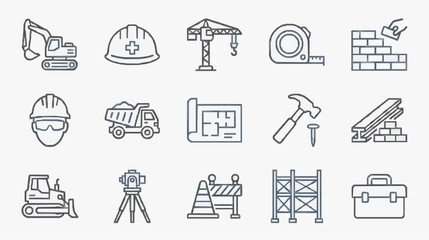 Modern Monochrome Line Icons Set Featuring Construction Equipment Safety Gear Tools and Building Materials © Indri