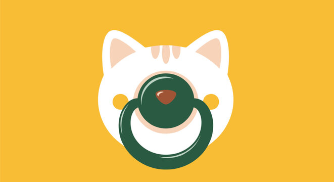 Cute white cat face graphic with orange cheeks and a large dark teal pacifier in its mouth, set against a solid yellow background.