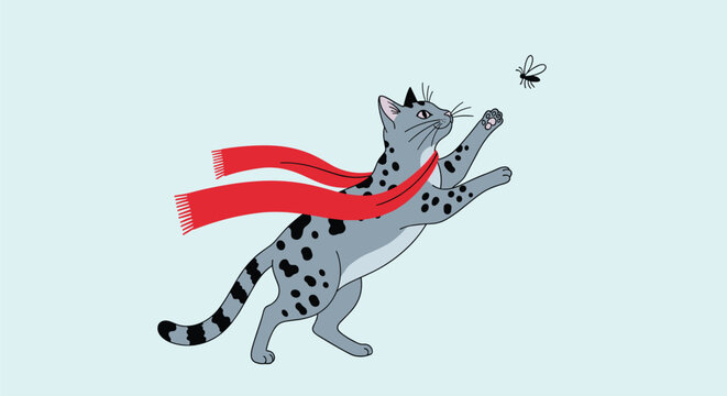 Gray spotted cat wearing a long flowing red scarf jumping to catch a small black fly in the air, set against a light blue background.