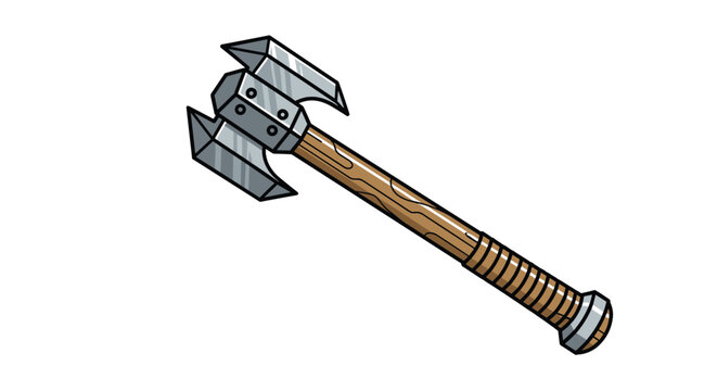 Medieval style battle axe with a double-headed silver blade and a detailed brown wooden handle, isolated on a plain white background.