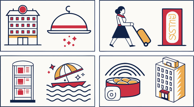 Hotel service set featuring building, luggage, boat, and wireless connection symbols in red, blue, and yellow line style