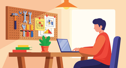 Fototapeta premium Flat illustration of person sitting at desk hesitating before decision, hand on chin, laptop open but idle, sticky notes blank on desk, remote worker, freelance, work from home, work from anywere,