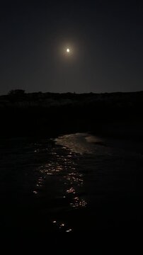 Natural moonlight reflecting across calm ocean water with gentle nighttime surf. Static vertical 4K shot featuring a bright full moon, shimmering reflection, dark coast and natural ocean sound.