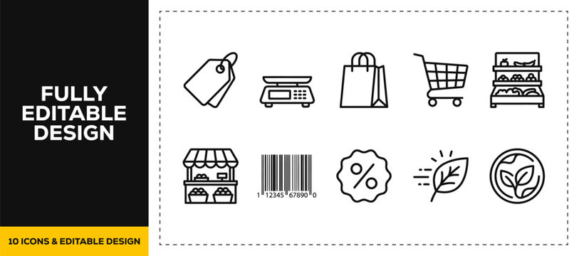 flat vector illustration line art icon bundle set design displaying grocery supermarket shopping retail carts store baskets product barcodes and consumer commerce app ui