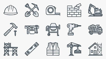 Modern Minimalist Line Drawing Icons Set of Construction Tools and Safety Gear in Monochrome with high quality professional line art symbols for modern creative design and digital branding projects © Indri