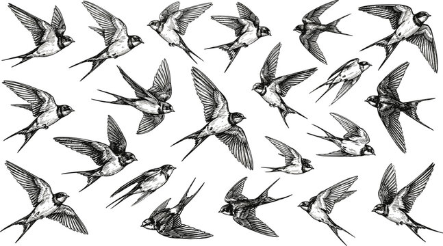 Flying swallow birds flock vector illustration with vintage hand drawn sketch engraving style elements isolated on white background