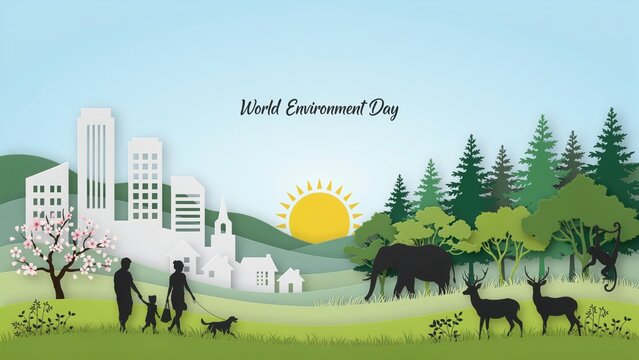m World Environment Day paper cut art, sustainable city and nature landscape with wildlife, eco friendly green planet concept banner