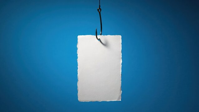 m Conceptual fishing hook with blank white paper note, metaphor for clickbait and marketing traps, empty message card on metal hook over blue background
