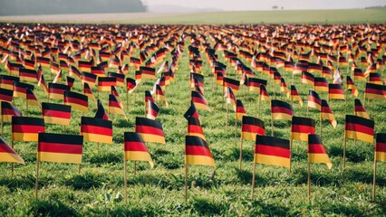 m German flags in green field, large collection of national flags on grass, patriotic symbols of Germany in rural landscape, many small flags