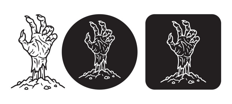 Set of three vector illustrations featuring a creepy undead zombie hand rising from the grave in various icon styles.