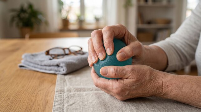 rehabilitation image with mature hands squeezing a therapy ball, focused on stiffness management, hand function, controlled movement and arthritis self-care.