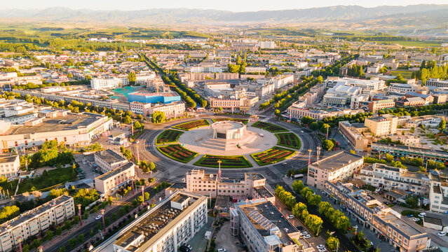 Aerial Morning View of Bagua City in Tekes County, Ili, Xinjiang, China