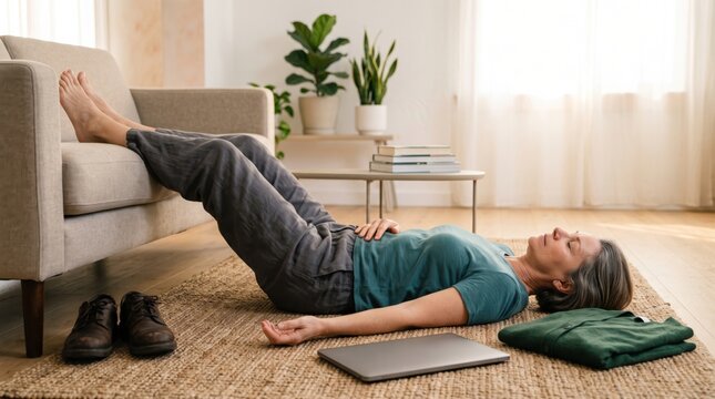 Mature woman uses a simple calming posture at home to slow down, release muscular tension and reconnect with her body after prolonged emotional and mental overload.