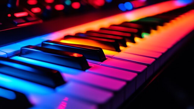 Close-up of Electronic Piano Keyboard with Colorful Backlight