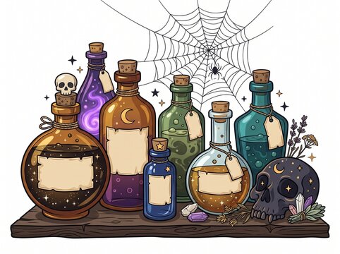 Mystical Potions Shelf: A collection of colorful, enigmatic potion bottles with blank labels sits on a wooden shelf, adorned with celestial symbols, crystals, a skull, and a spiderweb.